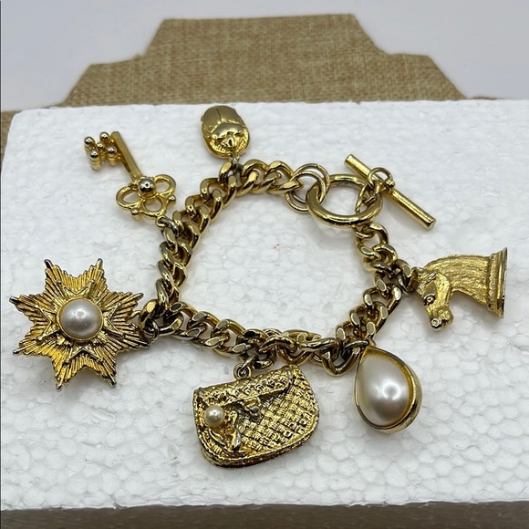 Victorian Revival Vintage Charm Bracelet Pearls Large Scarab Key Sun Purse Horse - Picture 1 of 16